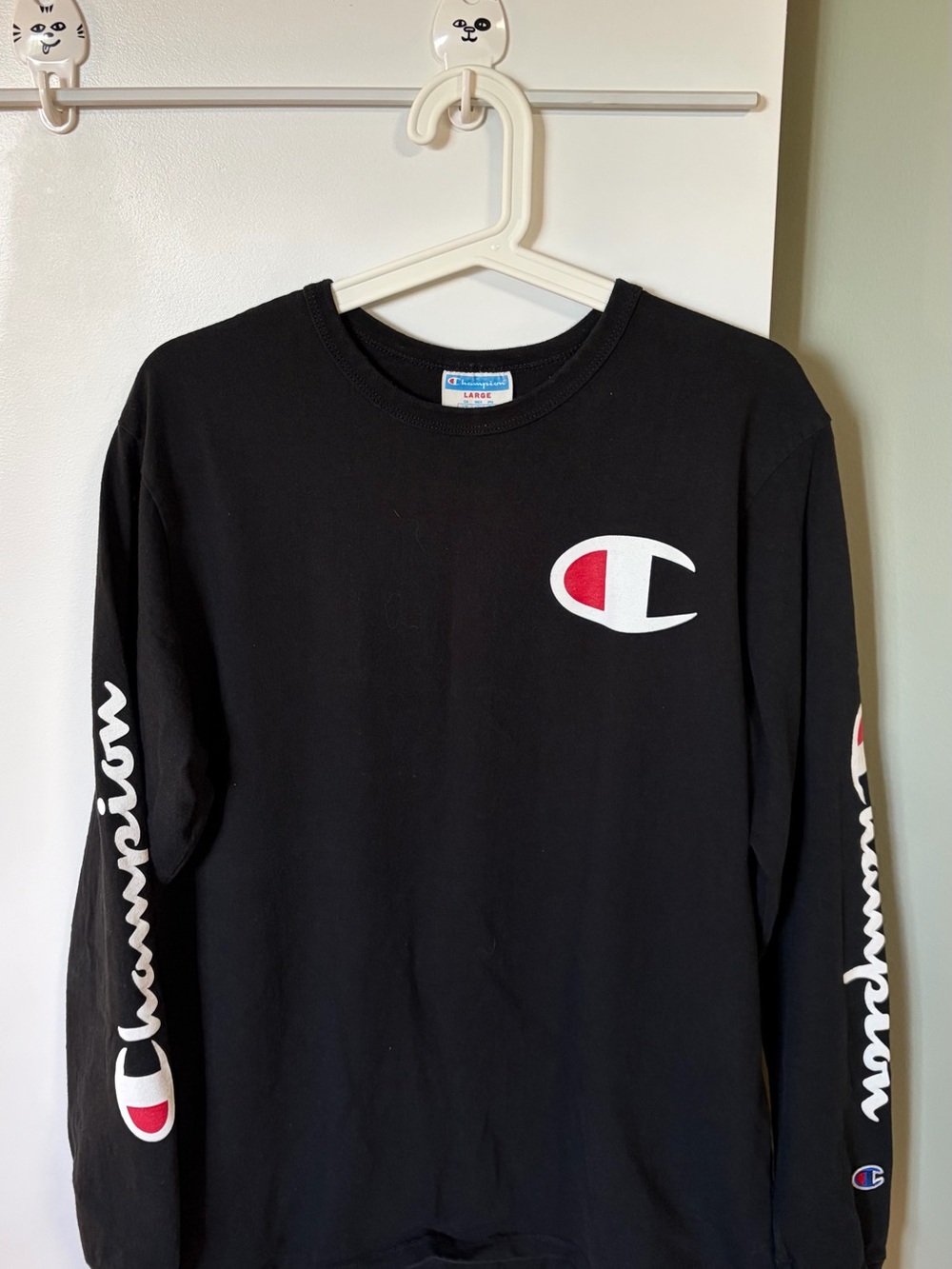 Champion Black Tee with Blue and Red Logo Tag